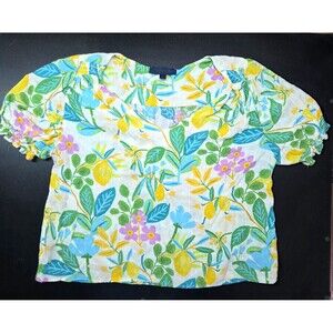 Rachel Floral V-Neck Puff Short Sleeve Pullover Ruffle Blouse Multicolor M